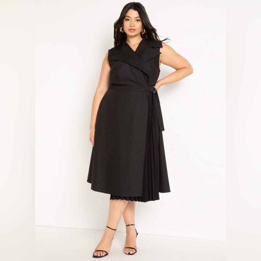 ELOQUII Asymmetrical Trench Midi Dress Black Size 22 Sleeveless Belted Pleated